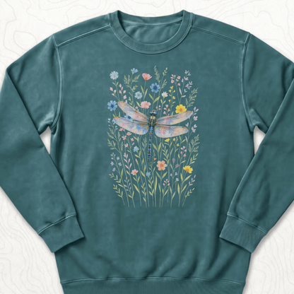Dragonfly Wildflowers Sweatshirt - Blue Spruce