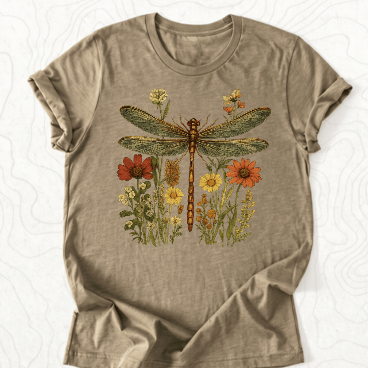 Dragonfly Wildflowers Tee - Heather Olive