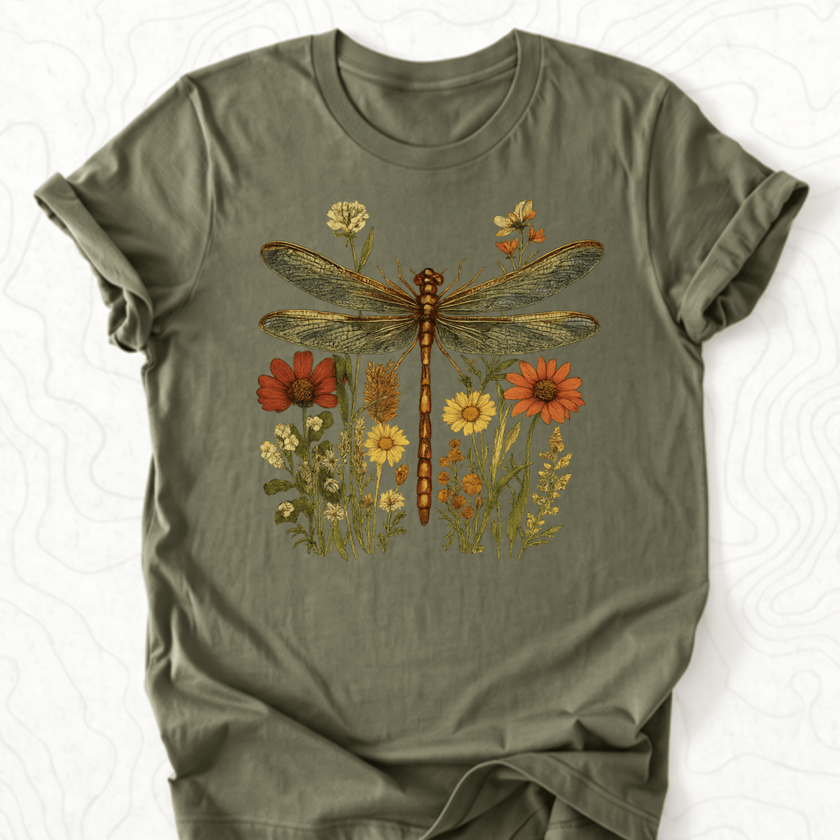 Dragonfly Wildflowers Tee - Military Green
