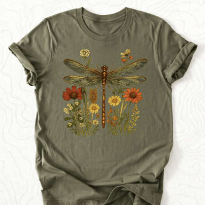Dragonfly Wildflowers Tee - Military Green