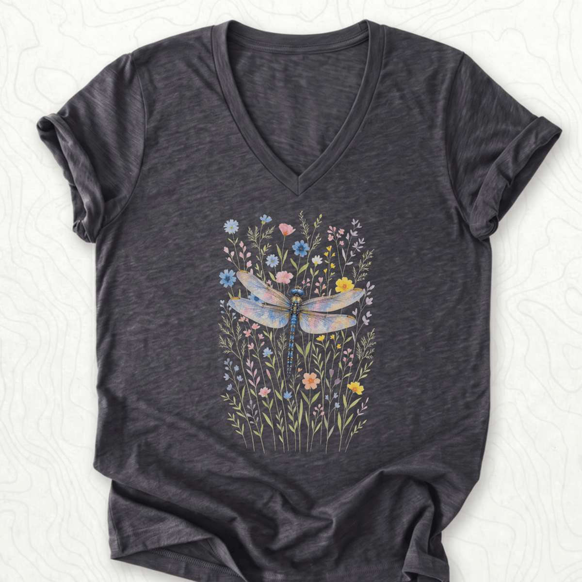 Dragonfly Wildflowers V-Neck - Dark Grey Heather