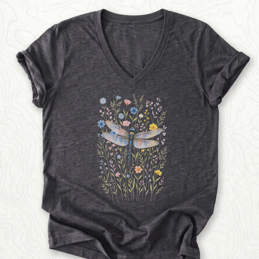 Dragonfly Wildflowers V-Neck - Dark Grey Heather