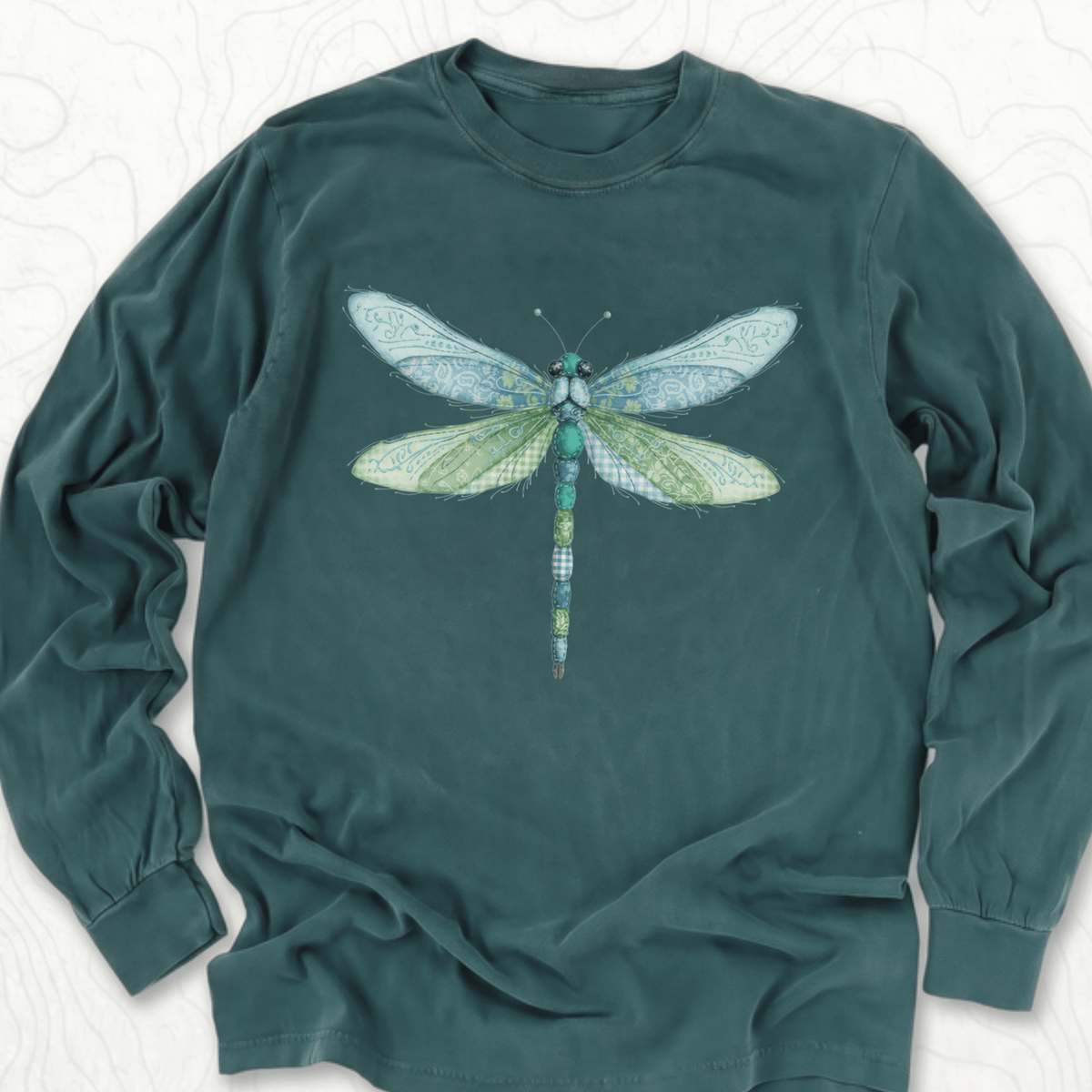 Faux Patchwork Dragonfly LS T-shirt - Blue Spruce