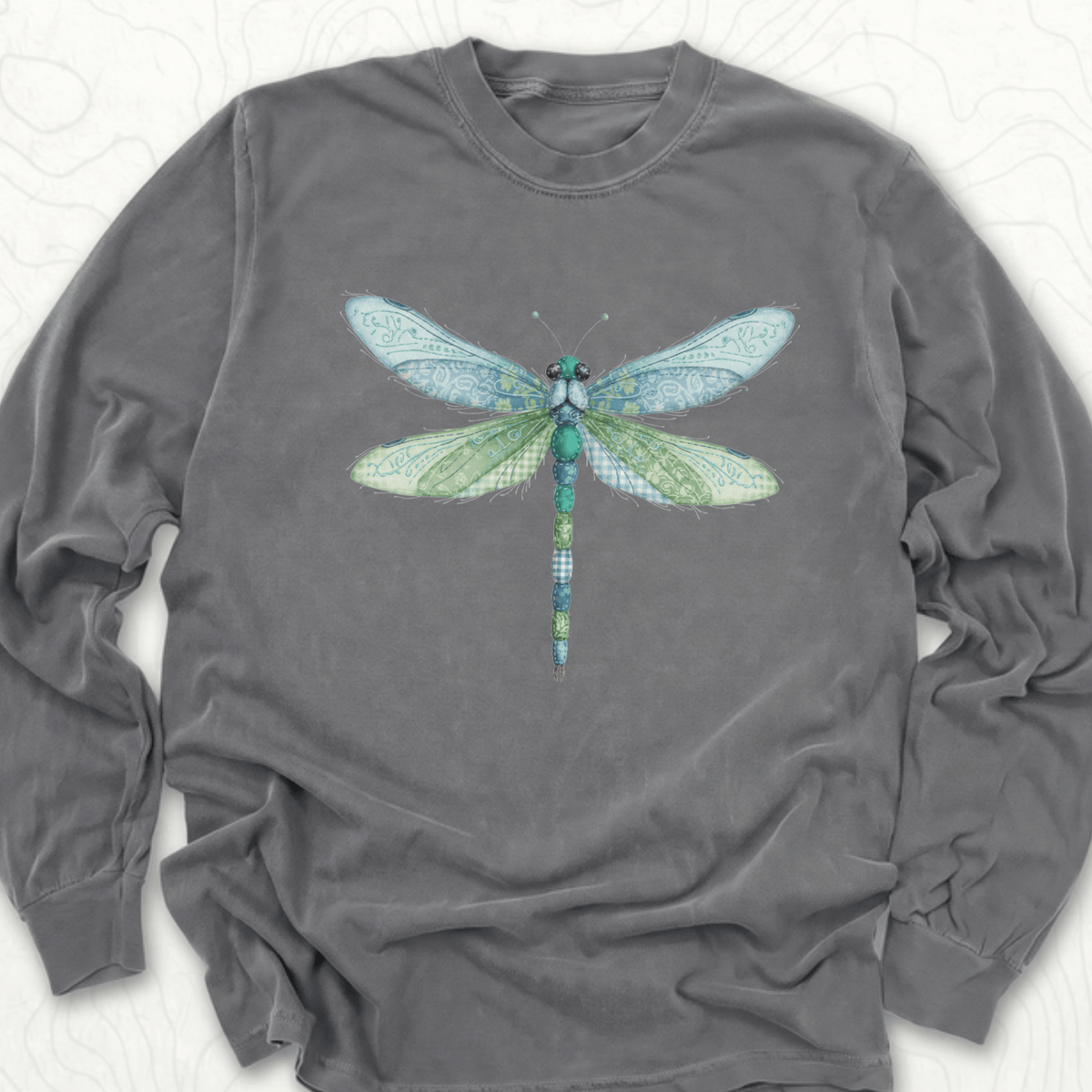 Faux Patchwork Dragonfly LS T-shirt - Pepper