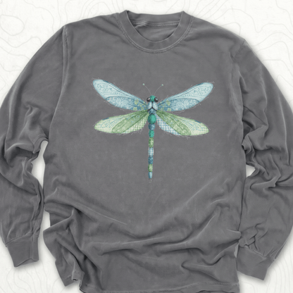 Faux Patchwork Dragonfly LS T-shirt - Pepper