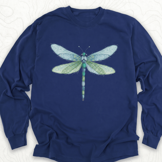 Faux Patchwork Dragonfly LS T-shirt - True Navy