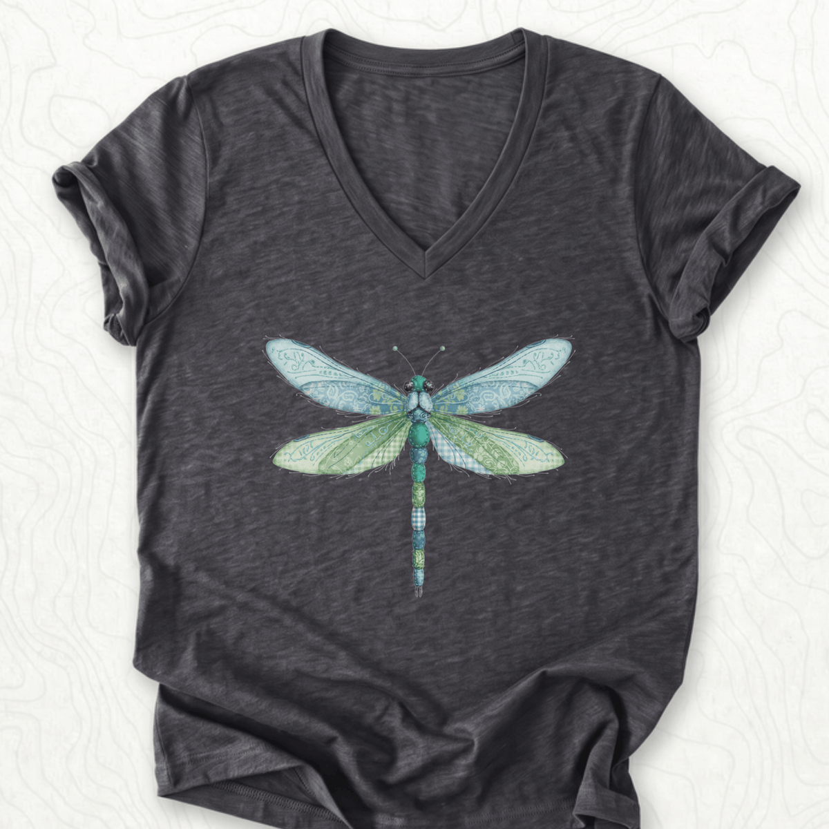 Faux Patchwork Dragonfly V-Neck - Dark Grey Heather