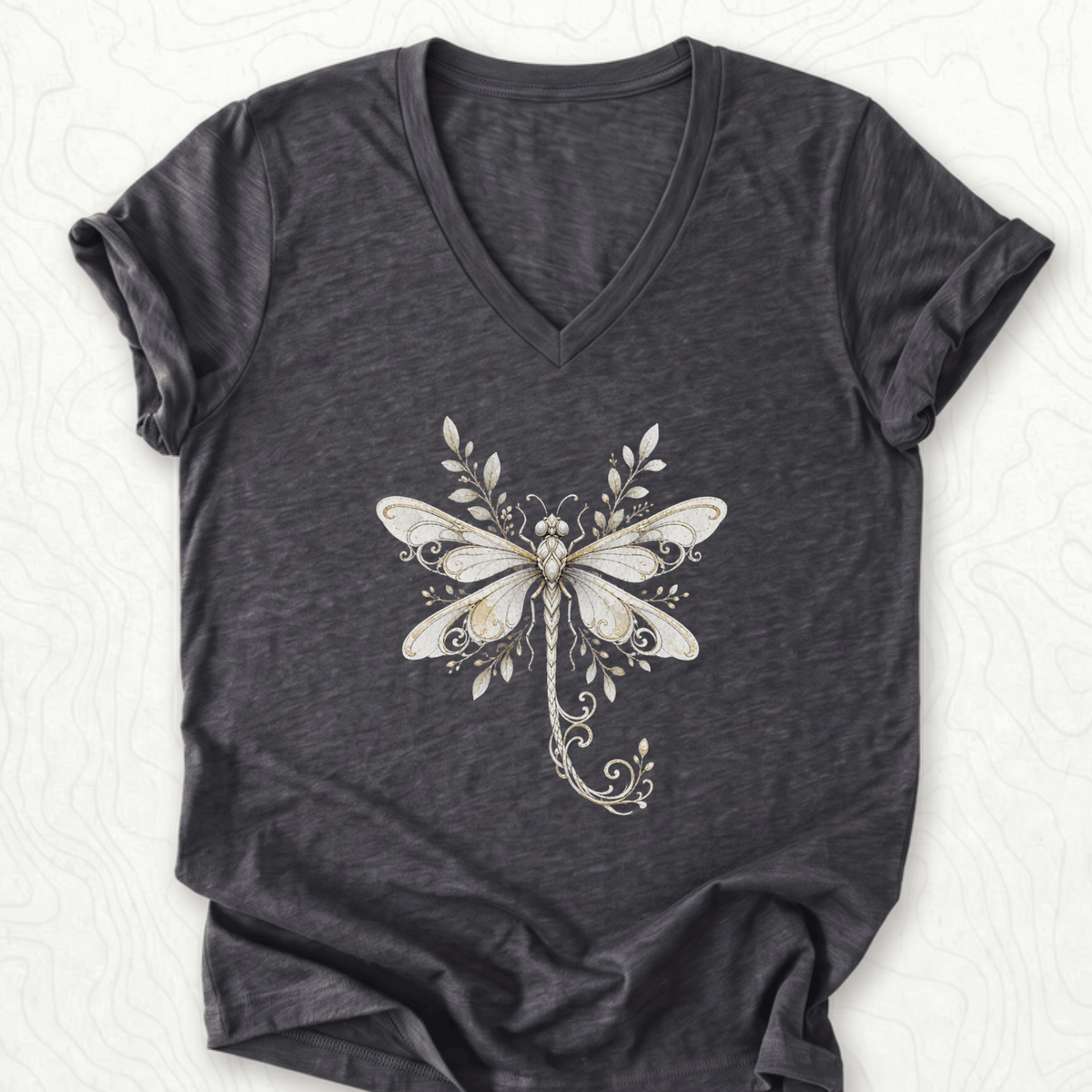 Elegant Dragonfly V-Neck - Dark Grey Heather