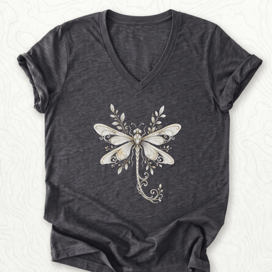 Elegant Dragonfly V-Neck - Dark Grey Heather