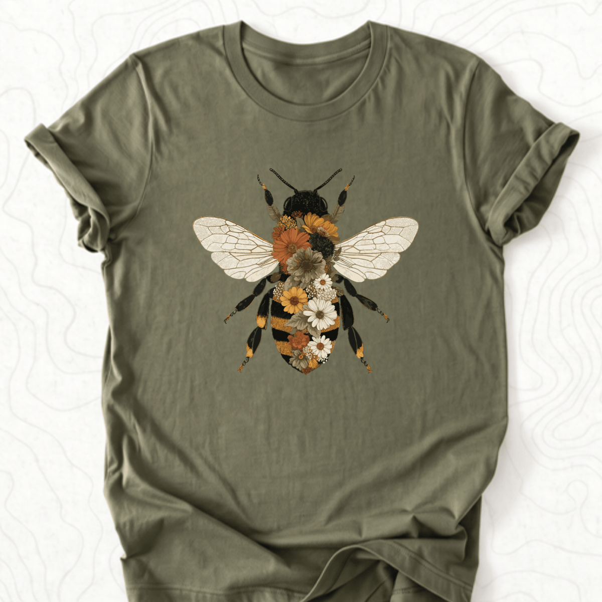 Floral Bee Tee - Military Green
