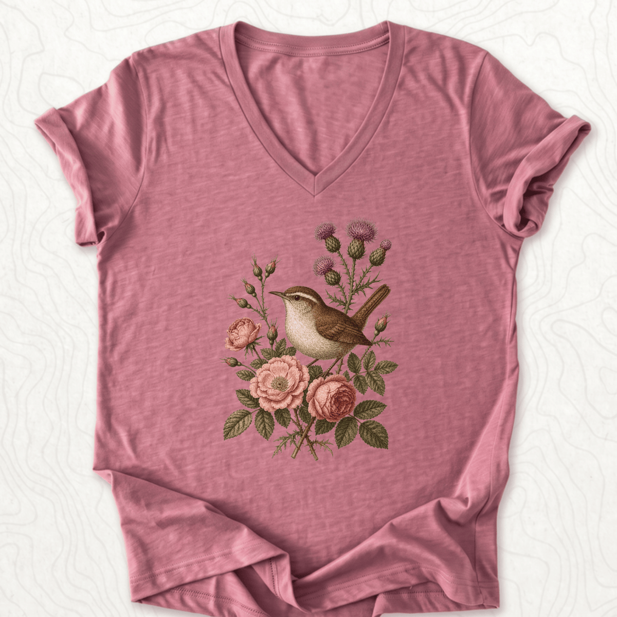 Floral Bird V-Neck - Heather Mauve