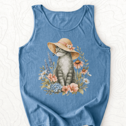 Floral Cat Tank Top - Blue Jean