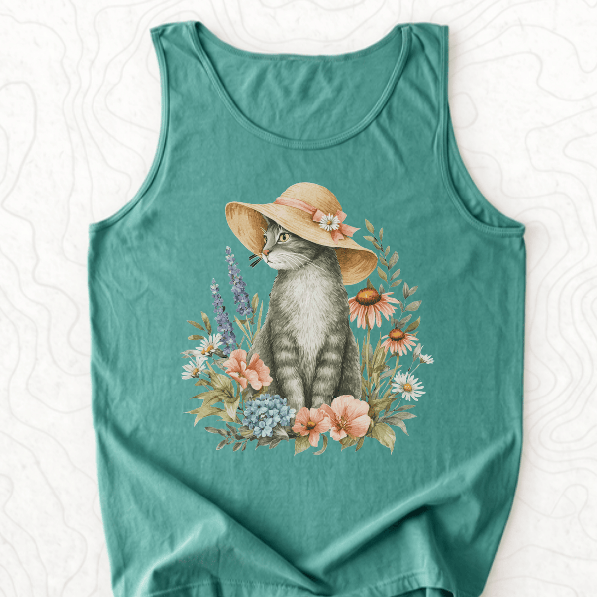 Floral Cat Tank Top - Light Green