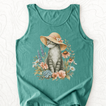 Floral Cat Tank Top - Light Green