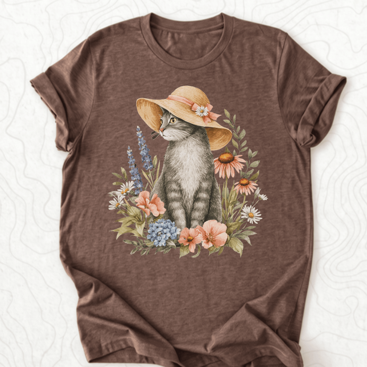 Floral Cat Tee - Heather Brown
