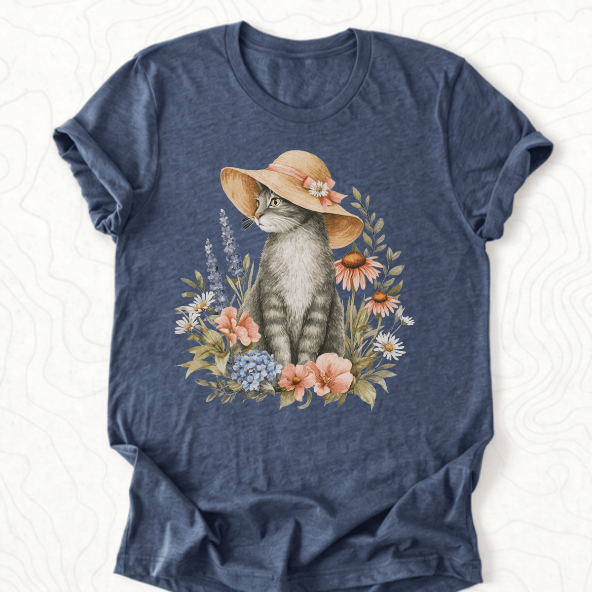 Floral Cat Tee - Heather Navy