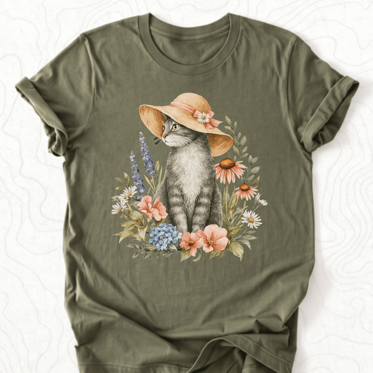 Floral Cat Tee - Military Green