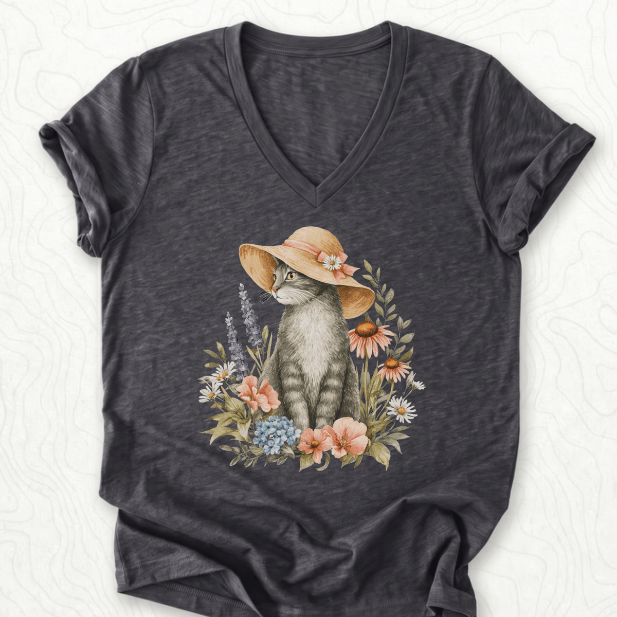 Floral Cat V-Neck - Dark Grey Heather