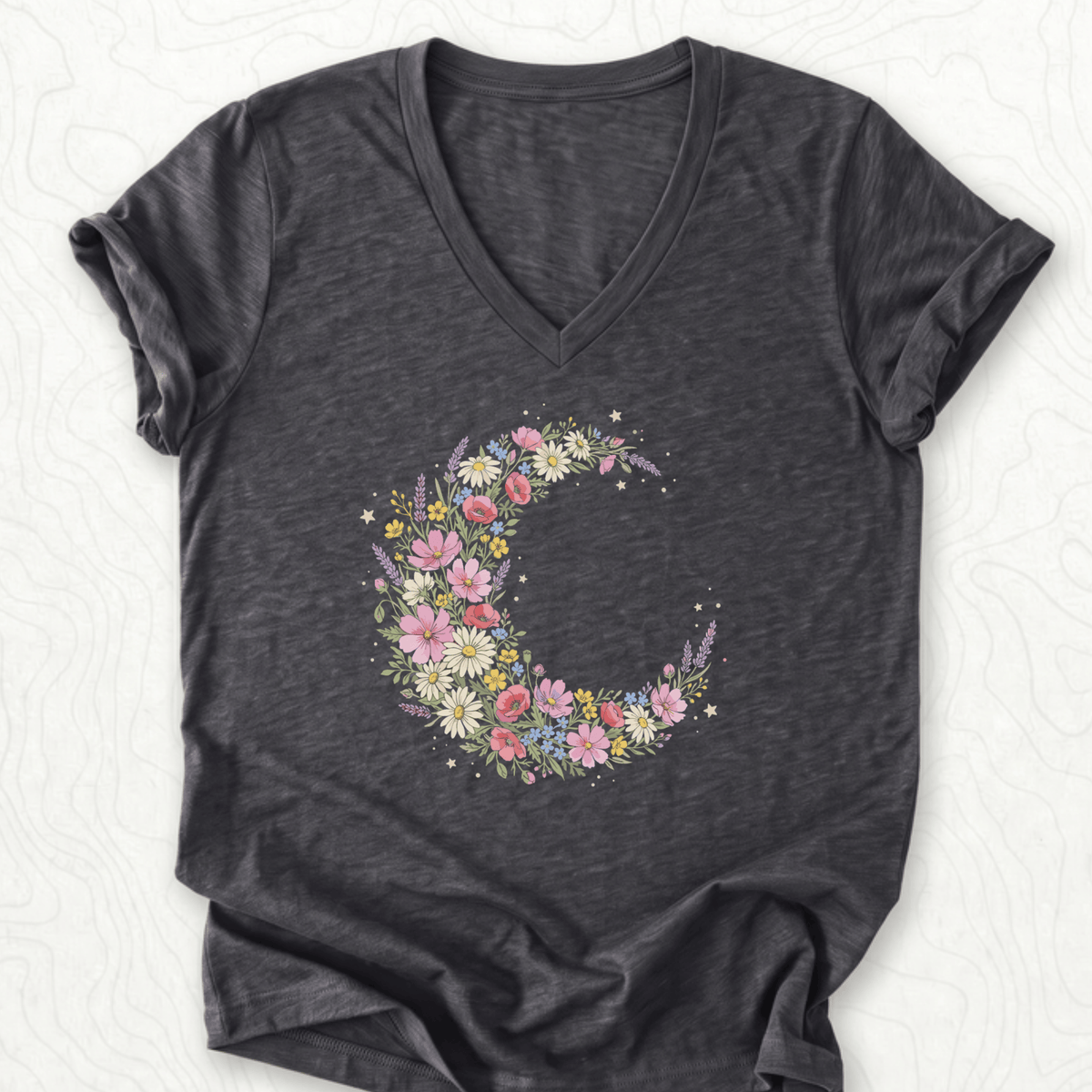 Floral Crescent V-Neck - Dark Grey Heather