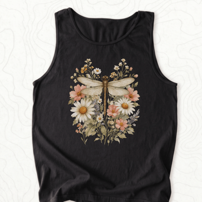 Floral Dragonfly Tank Top - Black
