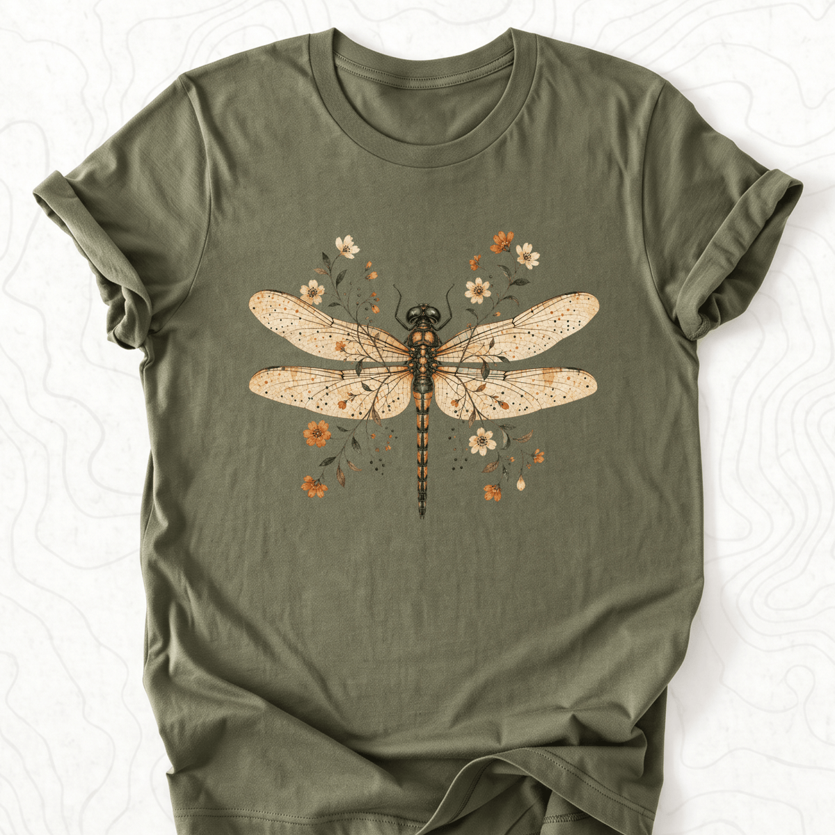 Floral Dragonfly Tee - Military Green
