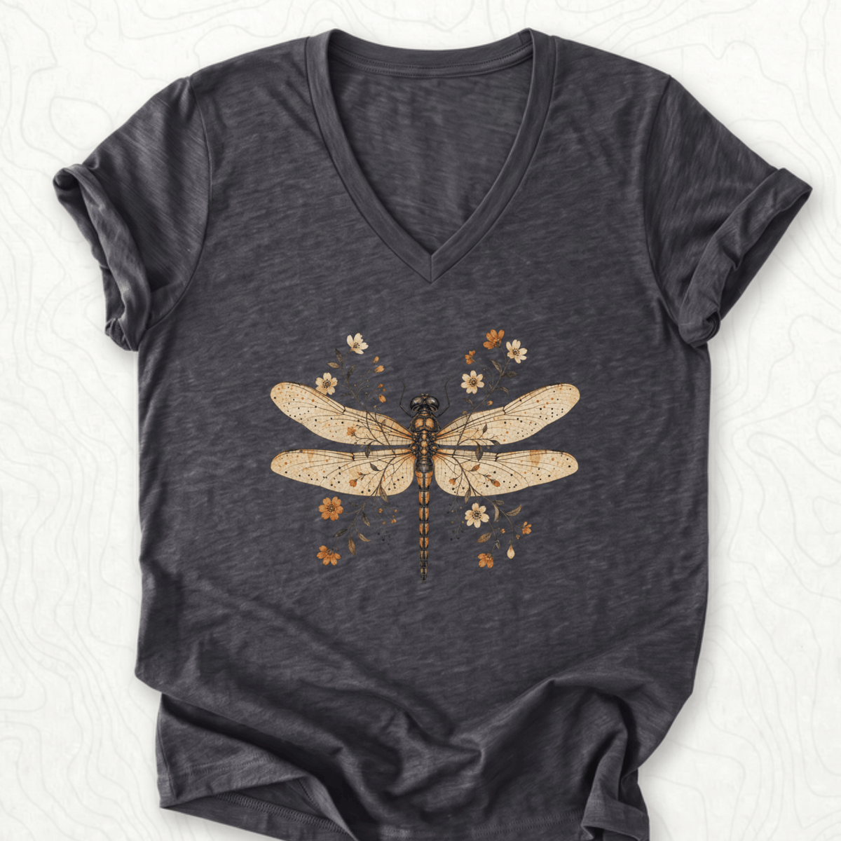 Floral Dragonfly V-Neck - Dark Grey Heather