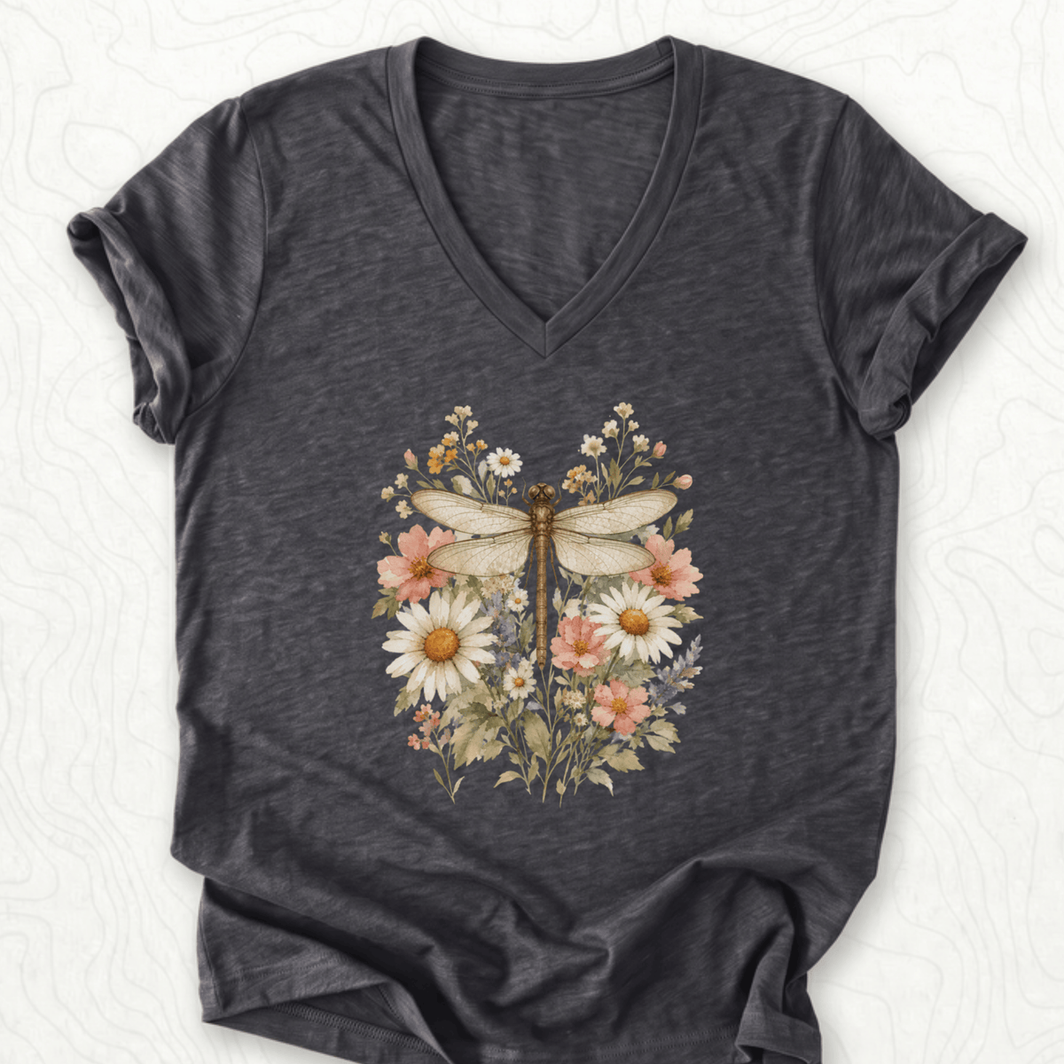 Floral Dragonfly V-Neck - Dark Grey Heather