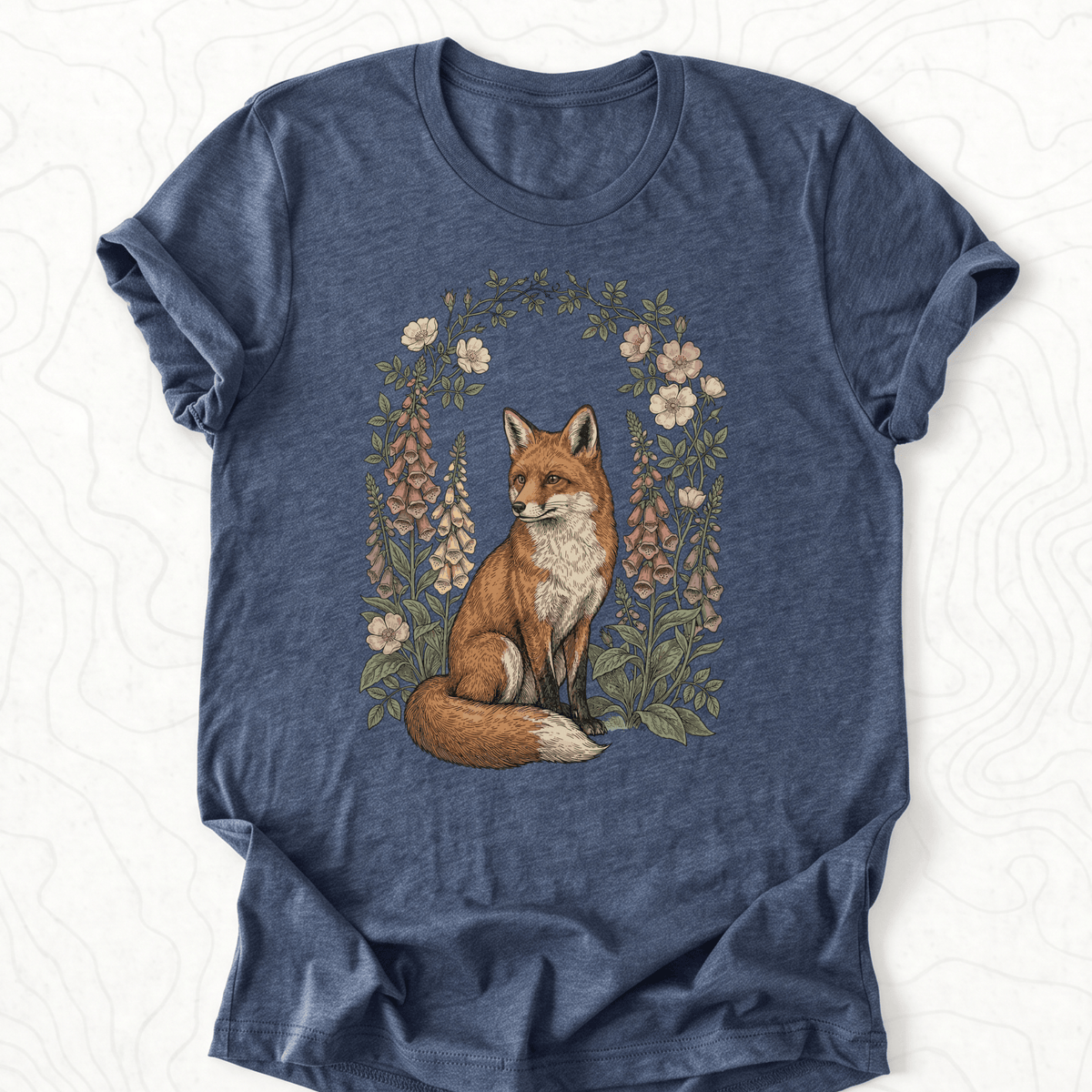 Floral Fox Tee - Heather Navy