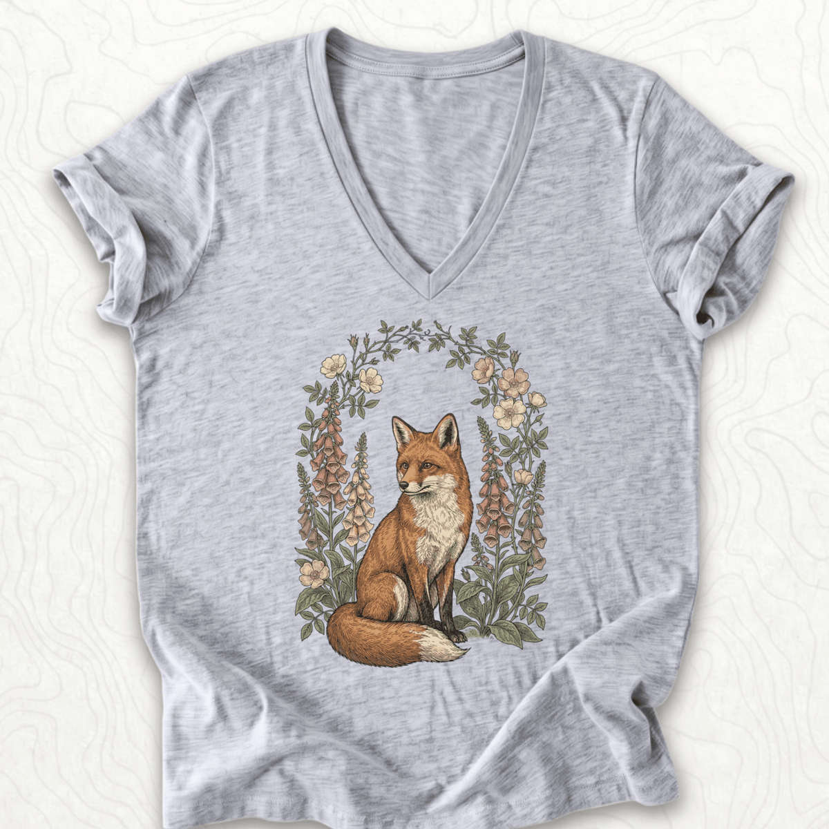 Floral Fox V-Neck - Athletic Heather