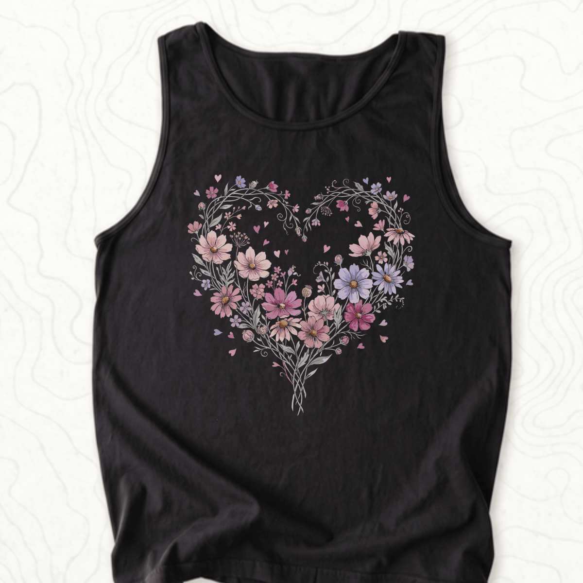 Floral Heart Tank Top - Black