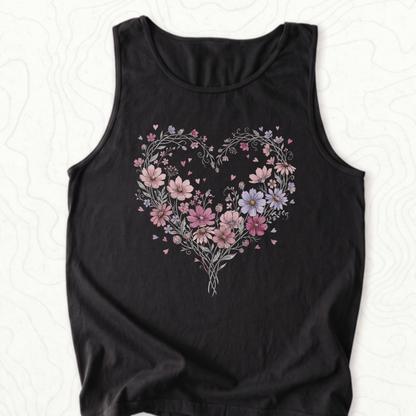 Floral Heart Tank Top - Black