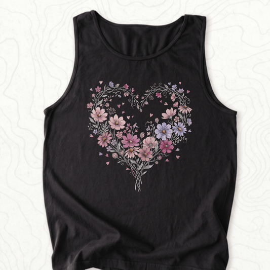Floral Heart Tank Top - Black