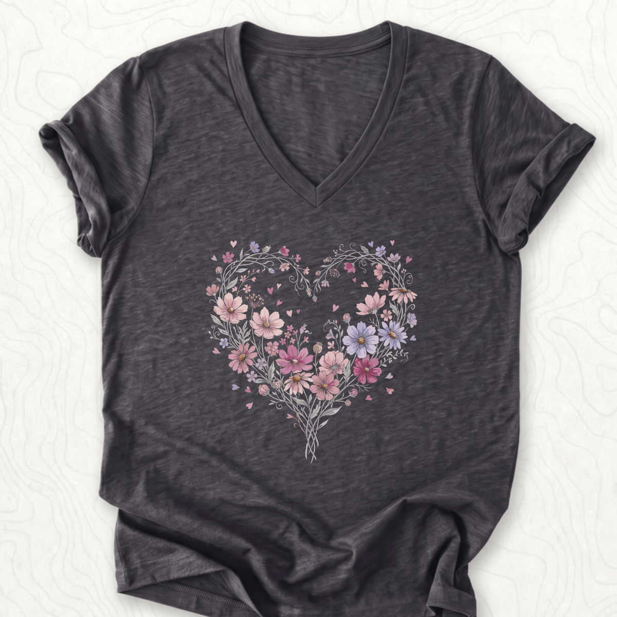 Floral Heart V-Neck - Dark Grey Heather