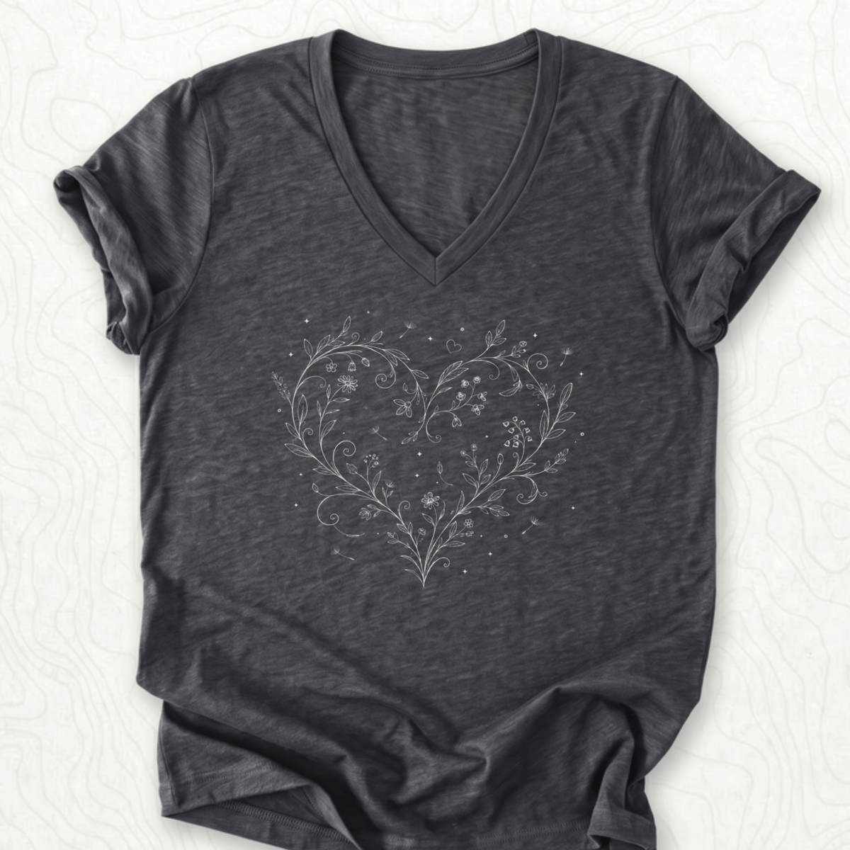 Floral Heart V-Neck - Dark Grey Heather