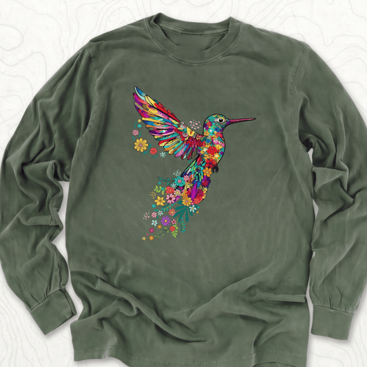 Floral Hummingbird LS T-shirt - Hemp