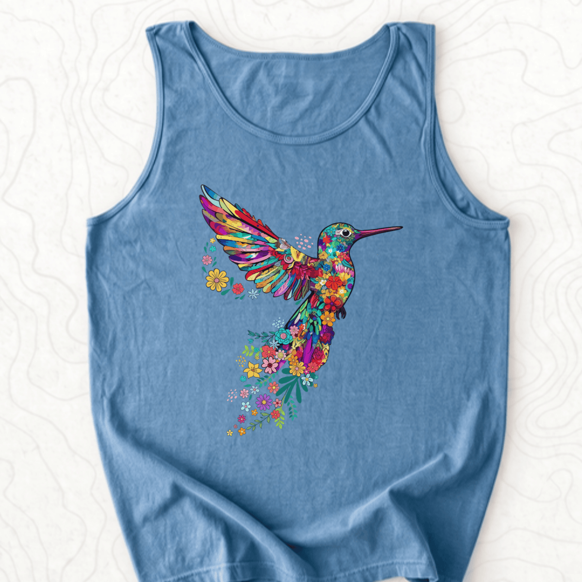 Floral Hummingbird Tank Top - Blue Jean