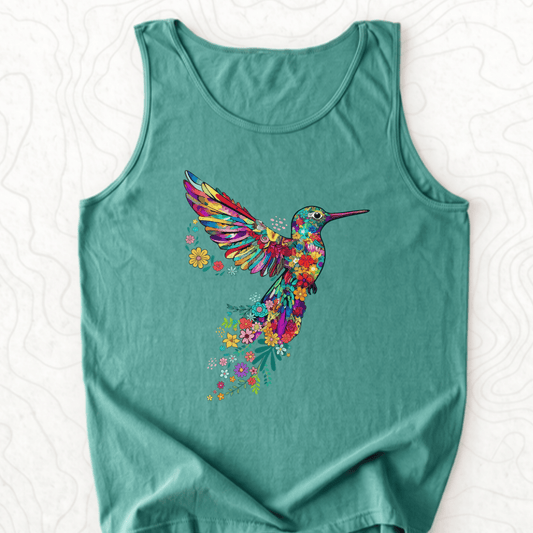 Floral Hummingbird Tank Top - Light Green