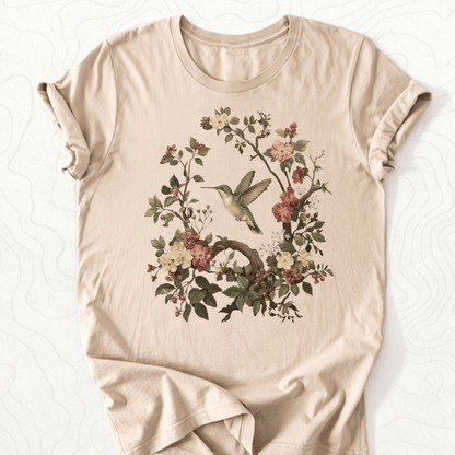 Floral Hummingbird Tee - Tan