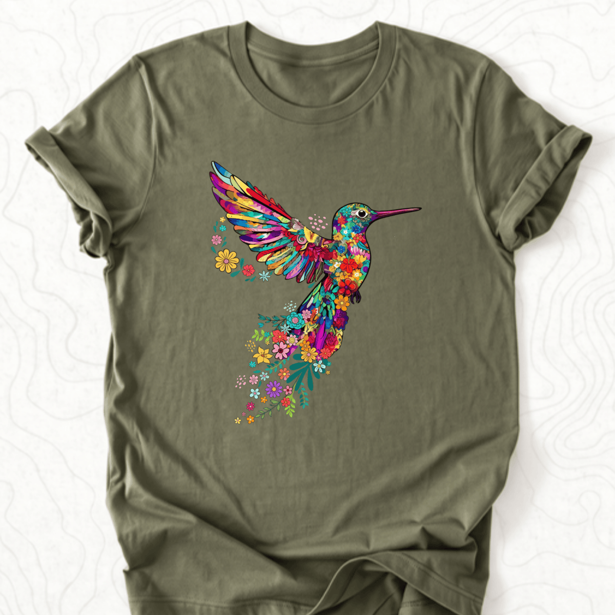 Floral Hummingbird Tee - Military Green