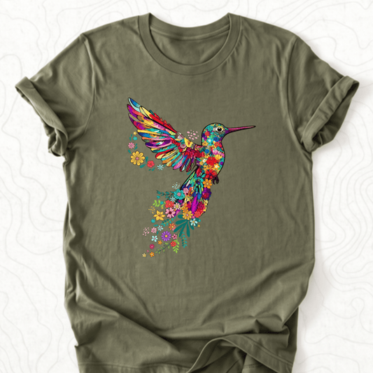 Floral Hummingbird Tee - Military Green