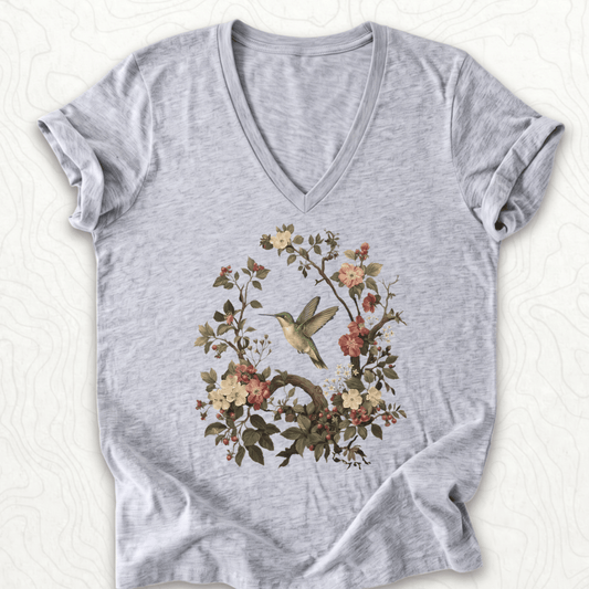 Floral Hummingbird V-Neck - Athletic Heather