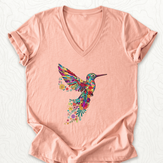 Floral Hummingbird V-Neck - Heather Peach