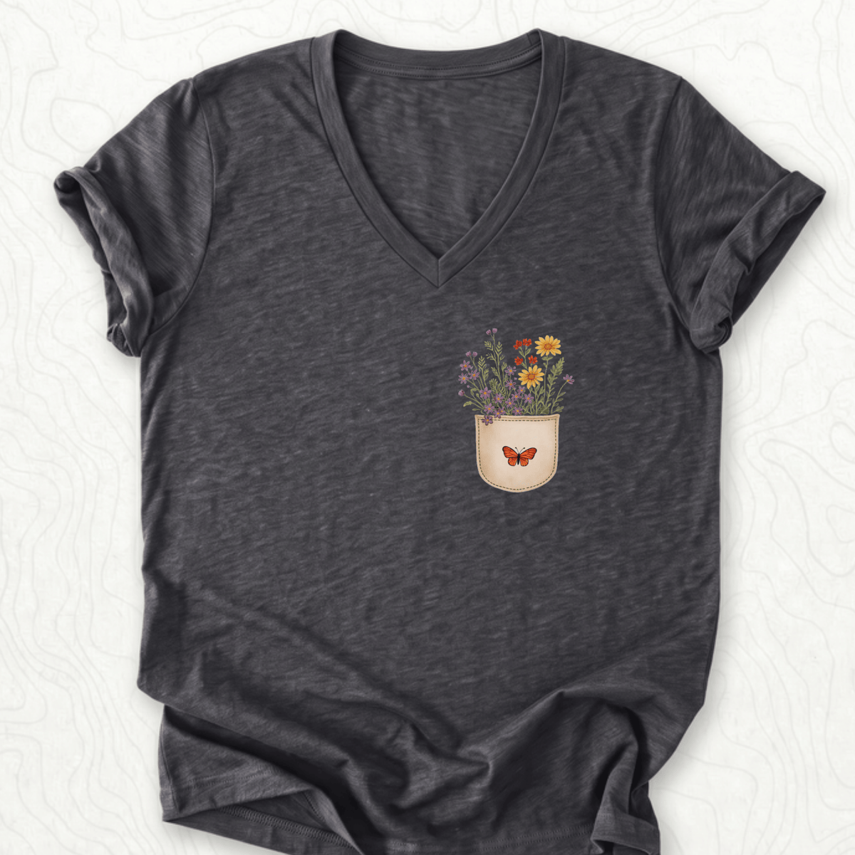 Floral Pocket V-Neck - Dark Grey Heather