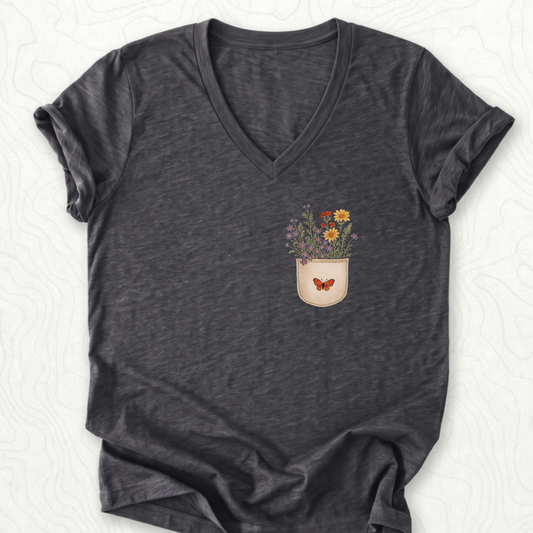 Floral Pocket V-Neck - Dark Grey Heather
