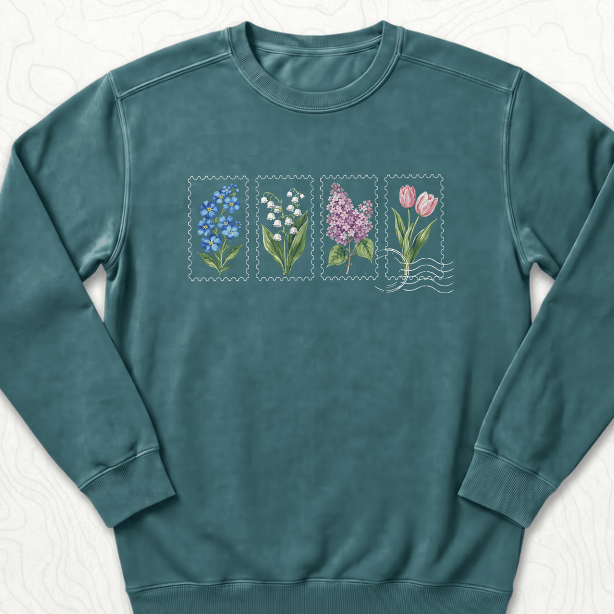 Floral Postage Stamps Sweatshirt - Blue Spruce