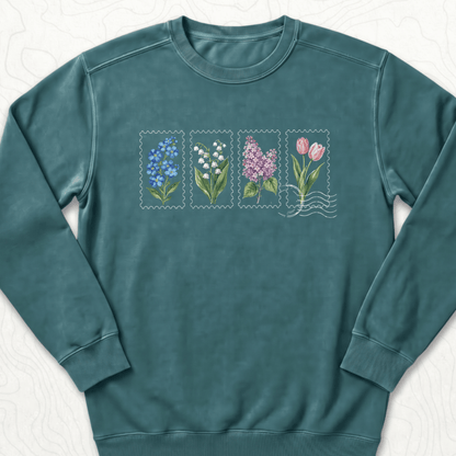 Floral Postage Stamps Sweatshirt - Blue Spruce