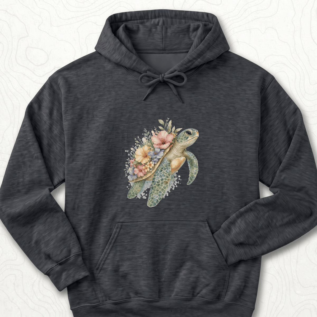 Floral Sea Turtle Hoodie - Dark Heather