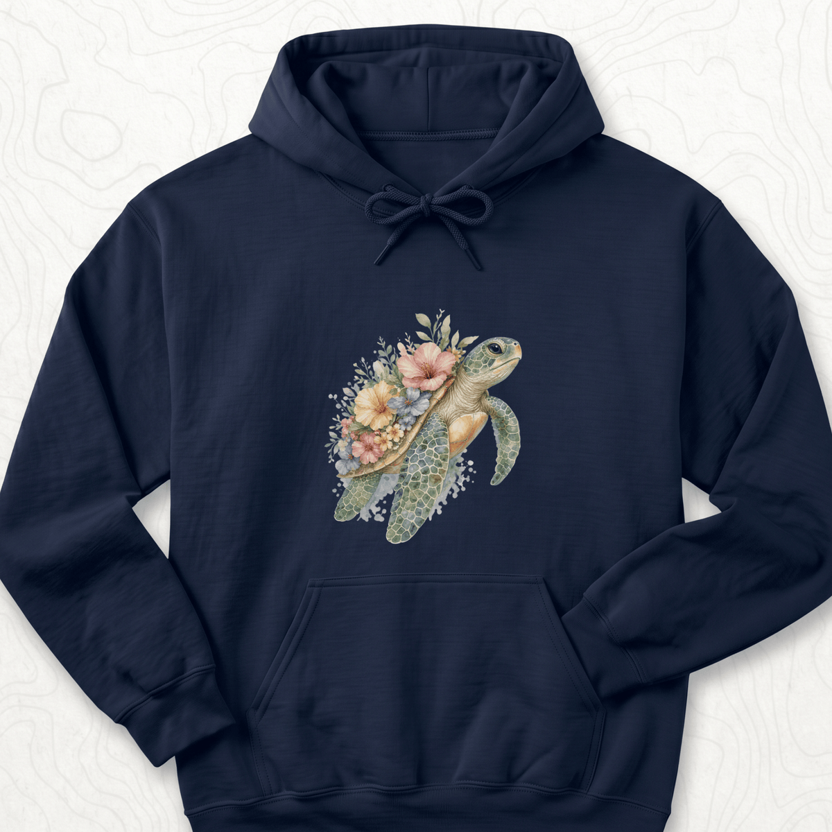 Floral Sea Turtle Hoodie - Navy