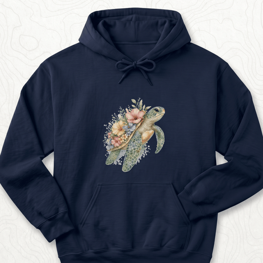 Floral Sea Turtle Hoodie - Navy