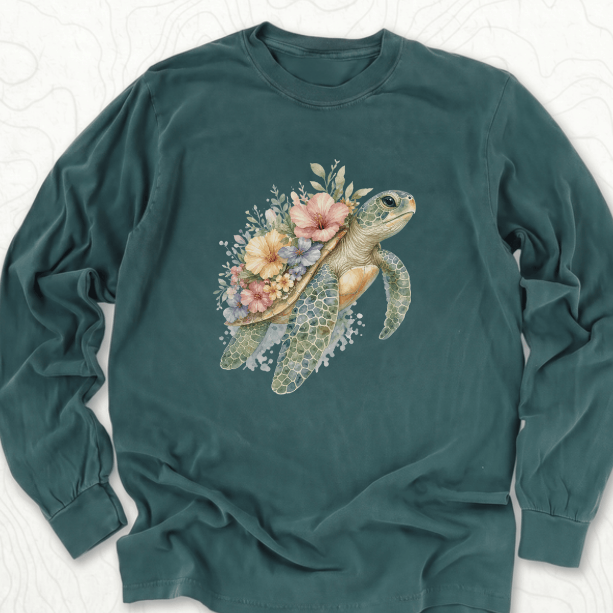 Floral Sea Turtle LS T-shirt - Blue Spruce